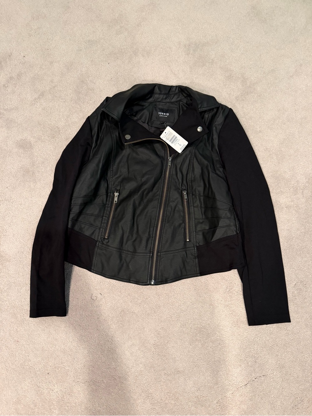 torrid Black Faux Leather Moto Jacket with Knit Sleeves